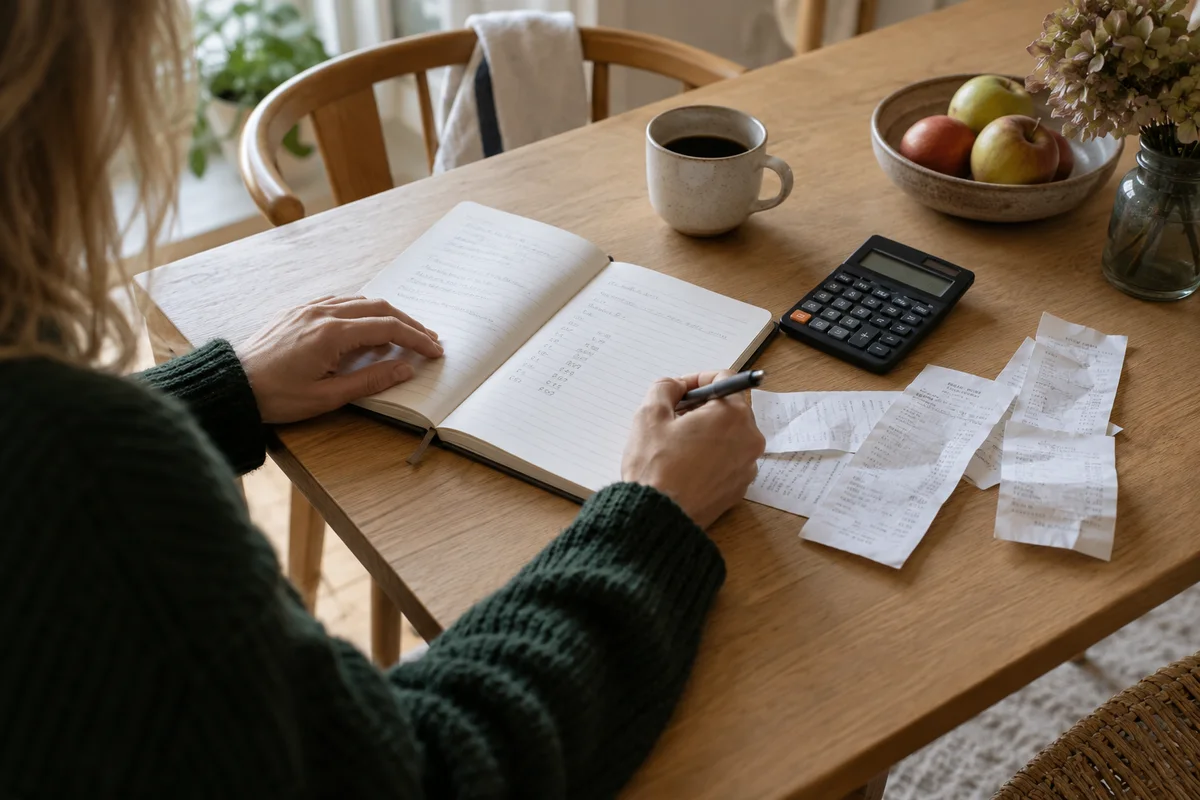 Budgetgennemgang med notesbog, lommeregner og kvitteringer ved et spisebord