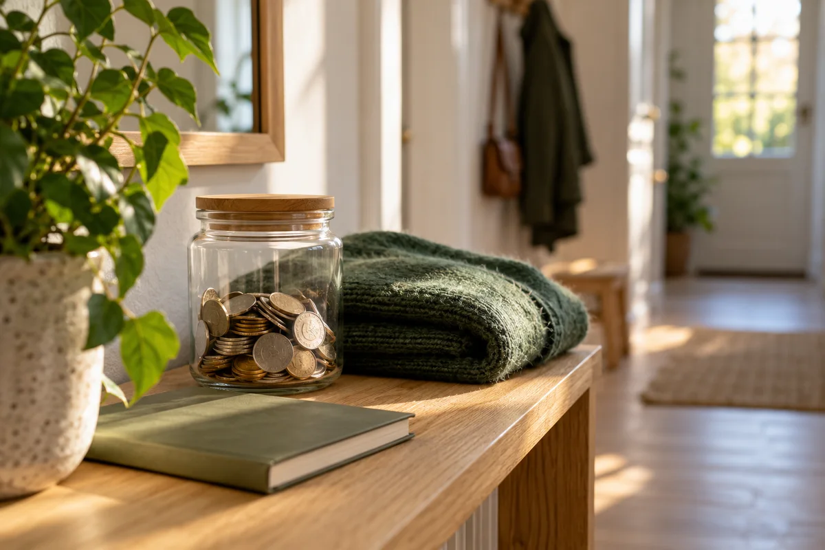 Glas med opsparede mønter ved en notesbog i en lys entré