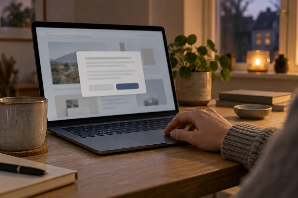 En hånd ved en bærbar computers pegefelt på et skrivebord