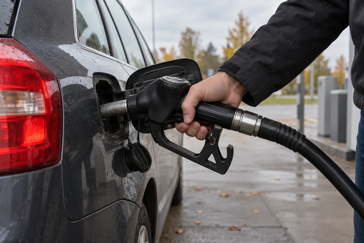 En hånd med tankpistol ved en grå bil på en anonym tankstation