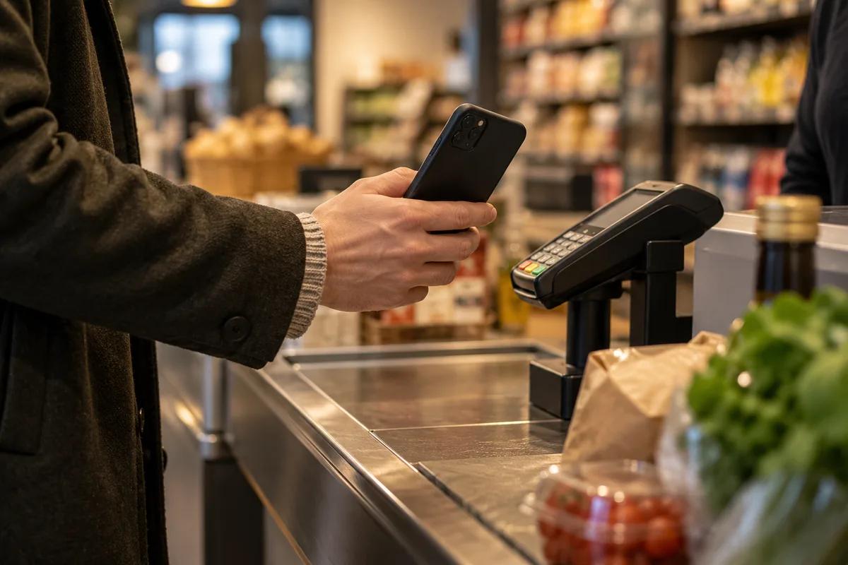 En kunde holder en mobiltelefon ved en butikskasse