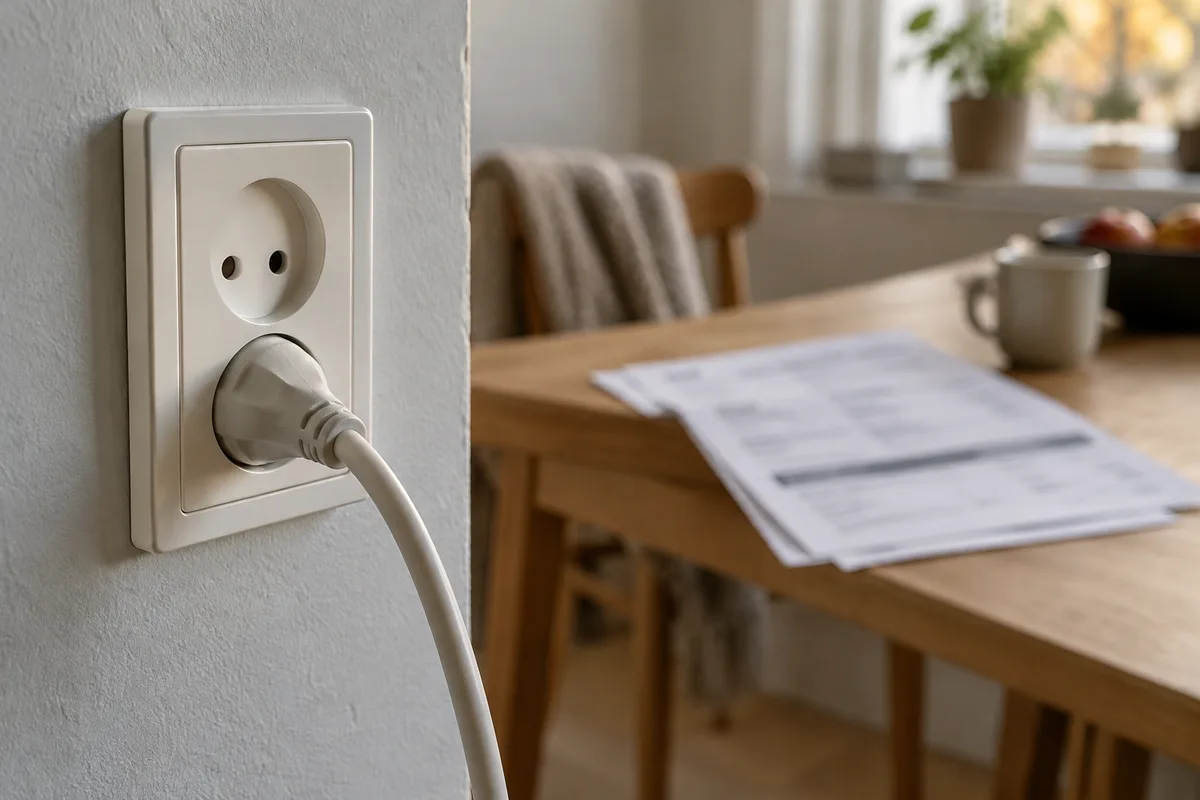 Hvid stikkontakt med tilsluttet ledning og en utydelig elregning på et bord i baggrunden