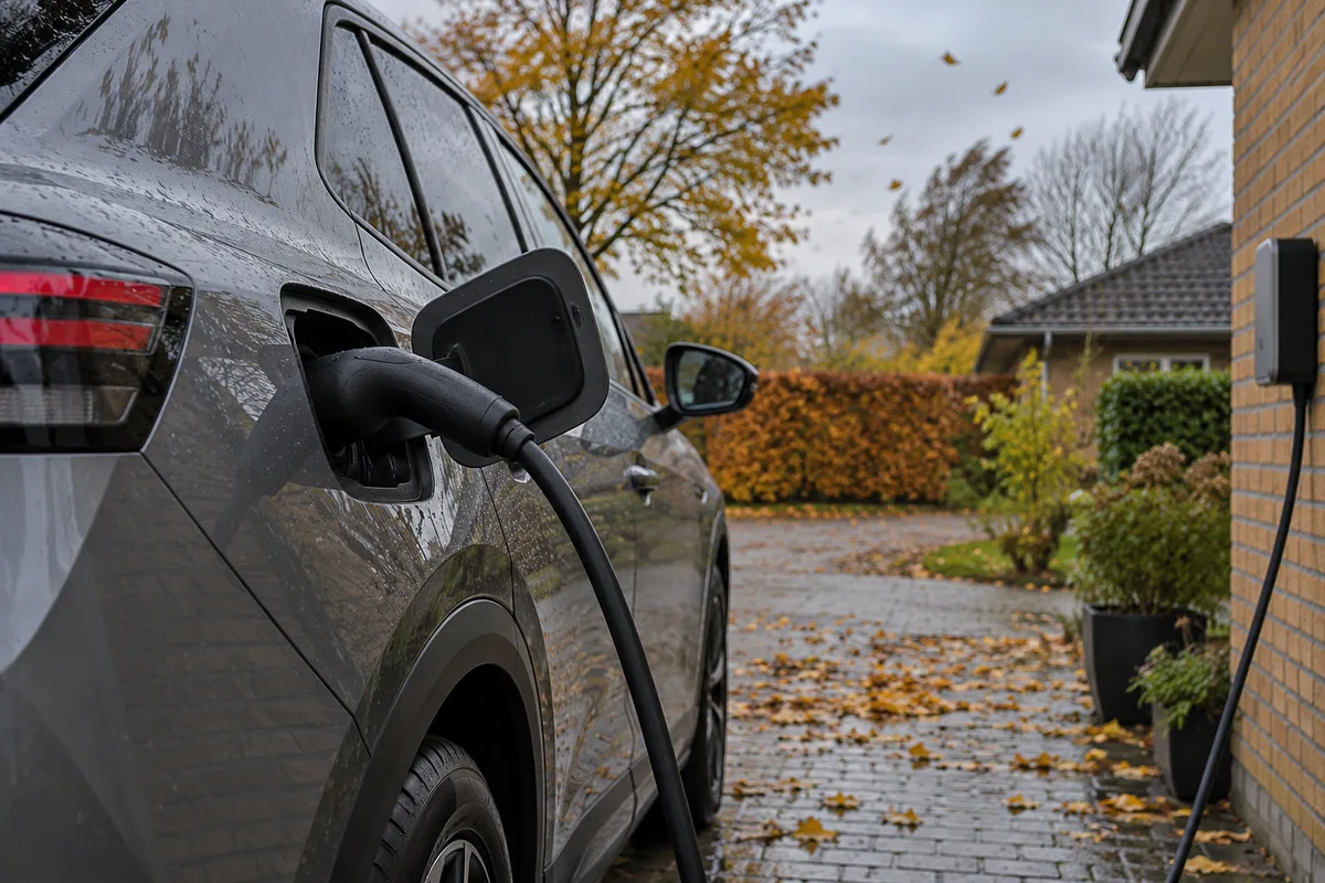 Elbil med tilsluttet ladekabel i en indkørsel med efterårsløv