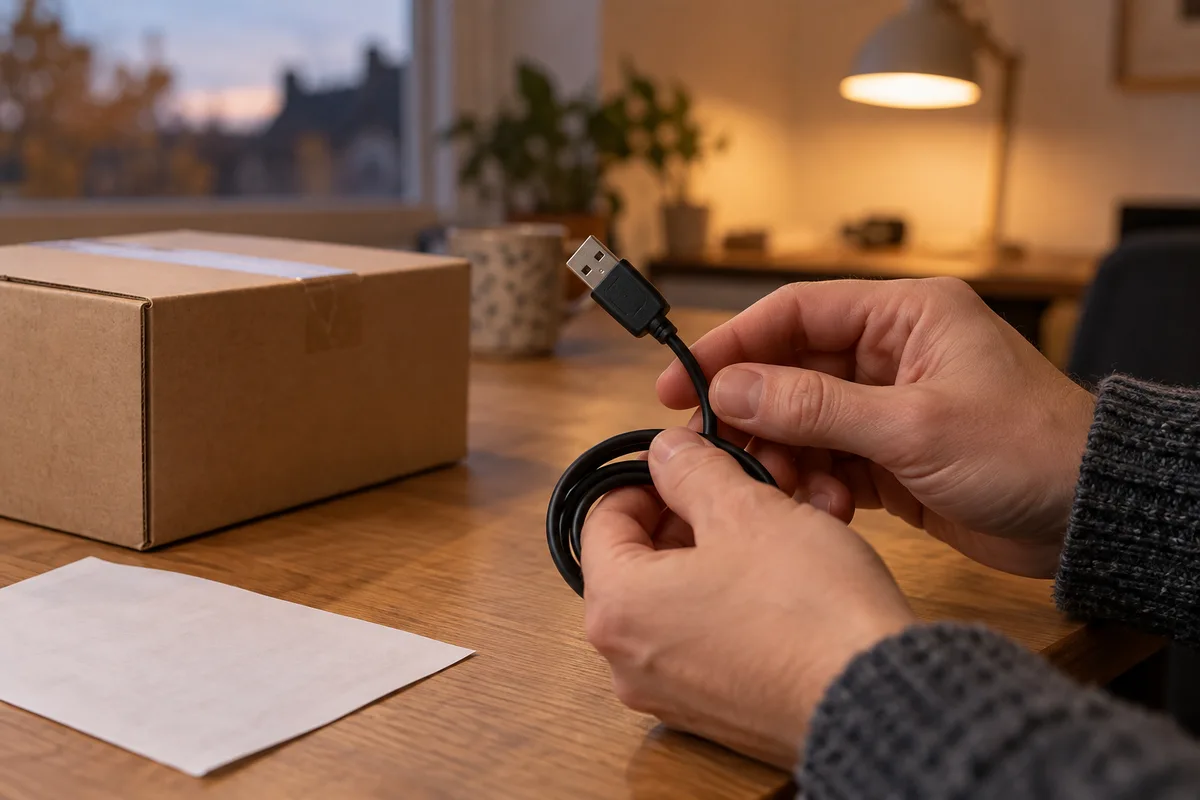 Hænder holder et frakoblet USB-stik ved en papæske på et skrivebord