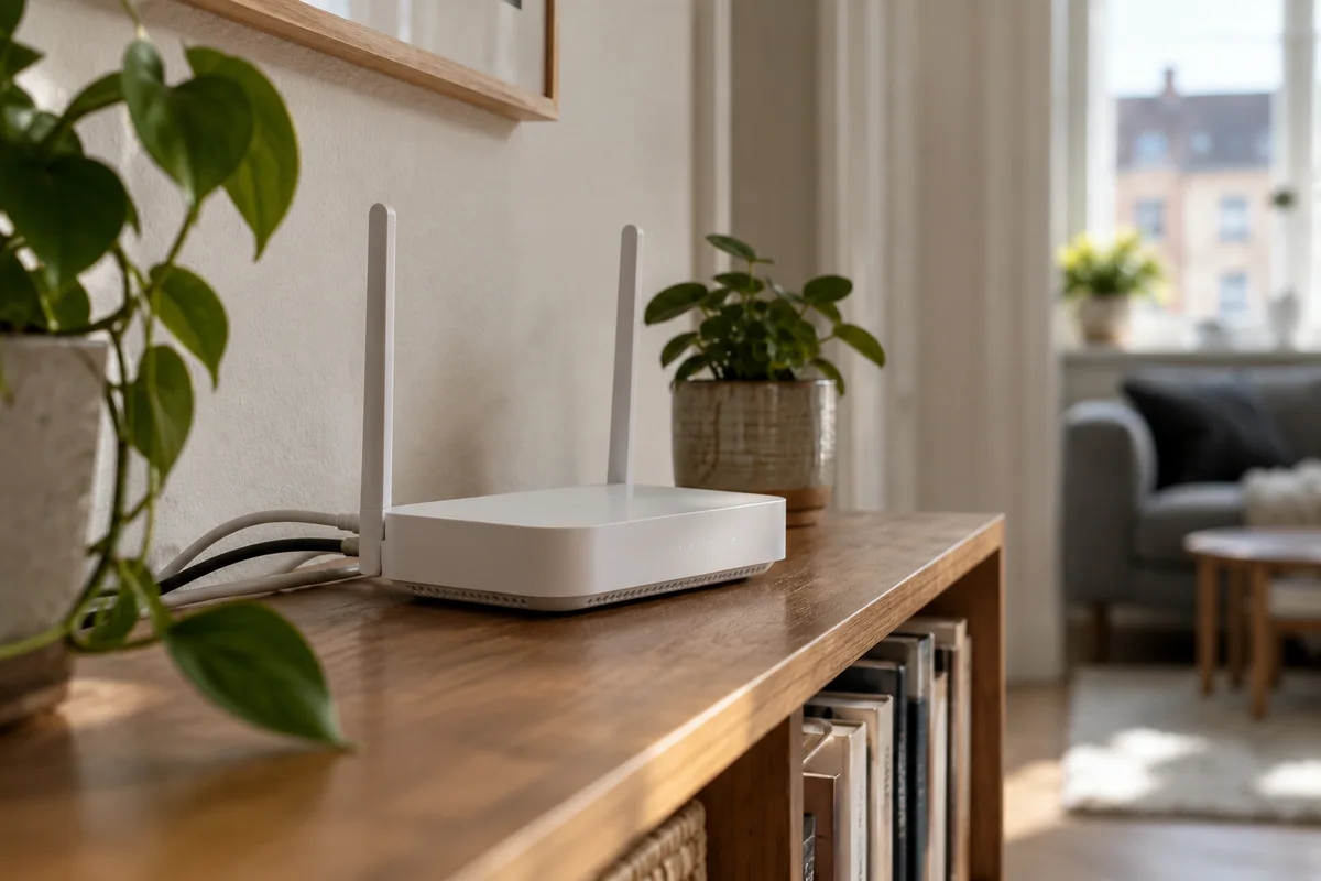 Stemningsbillede: en hvid router med tilsluttede kabler på en træhylde
