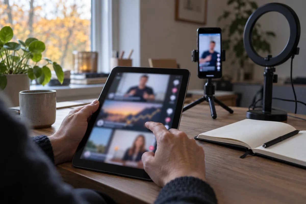 En hånd bruger en tablet ved et bord med mobiltelefon på stativ og en ringlampe