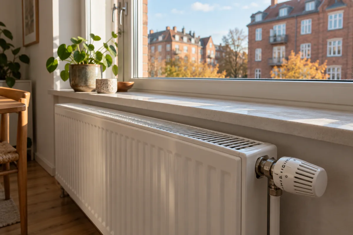 Hvid radiator under et vindue med udsigt til røde murstensboliger i efterårslys