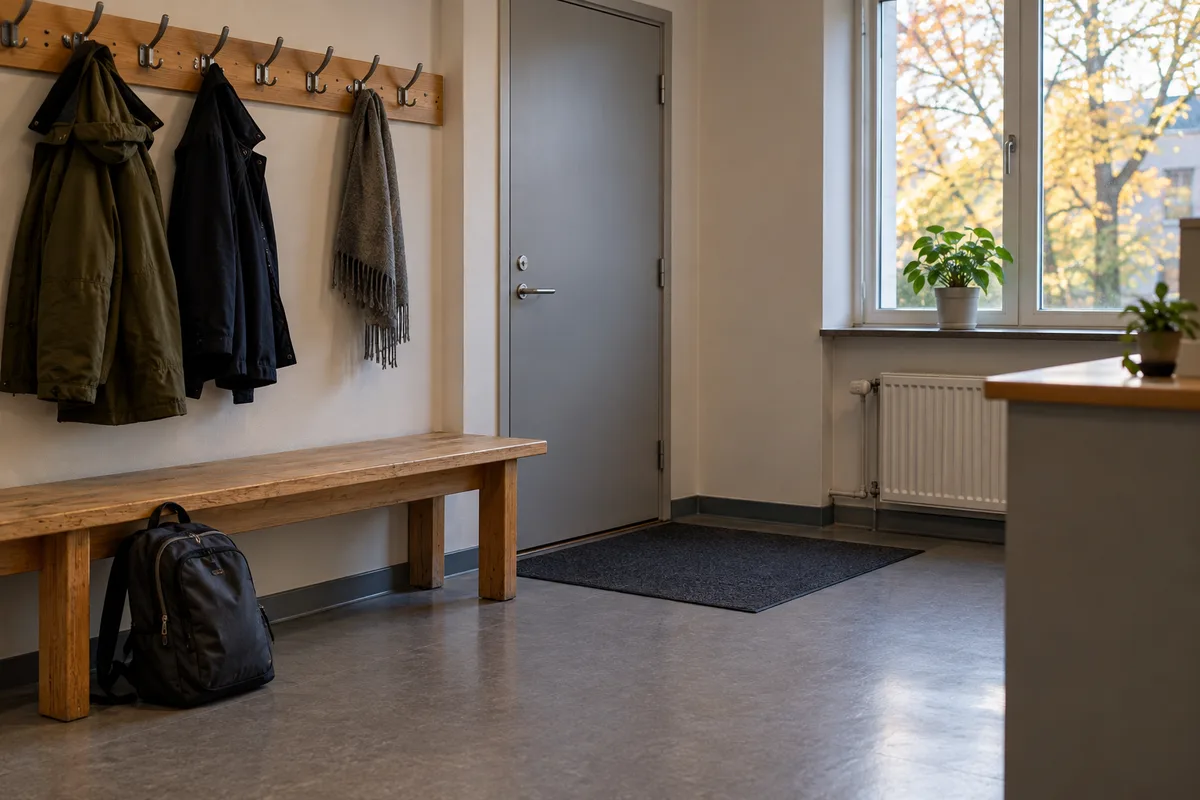 Træbænk med rygsæk ved en lukket kontordør i et anonymt modtagelsesrum