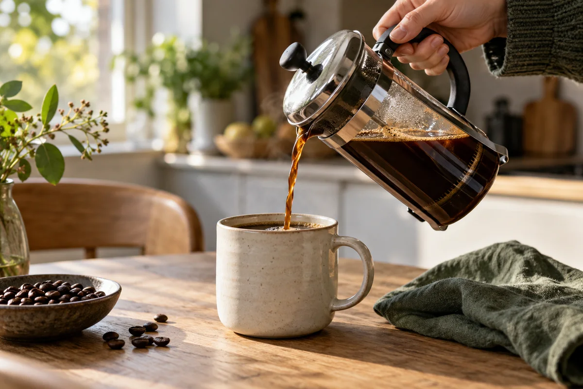 Kaffe hældes fra en stempelkande i en keramikkop