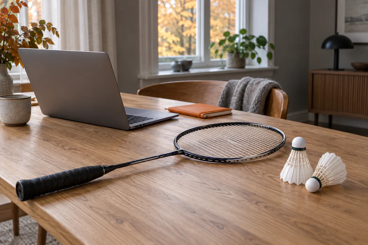 Badmintonketsjer og fjerbolde ved siden af en bærbar computer på et bord