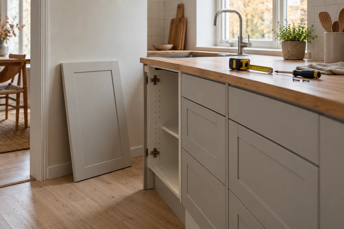 En løs skabslåge, målebånd og skruetrækker ved køkkenskabe under delvis renovering