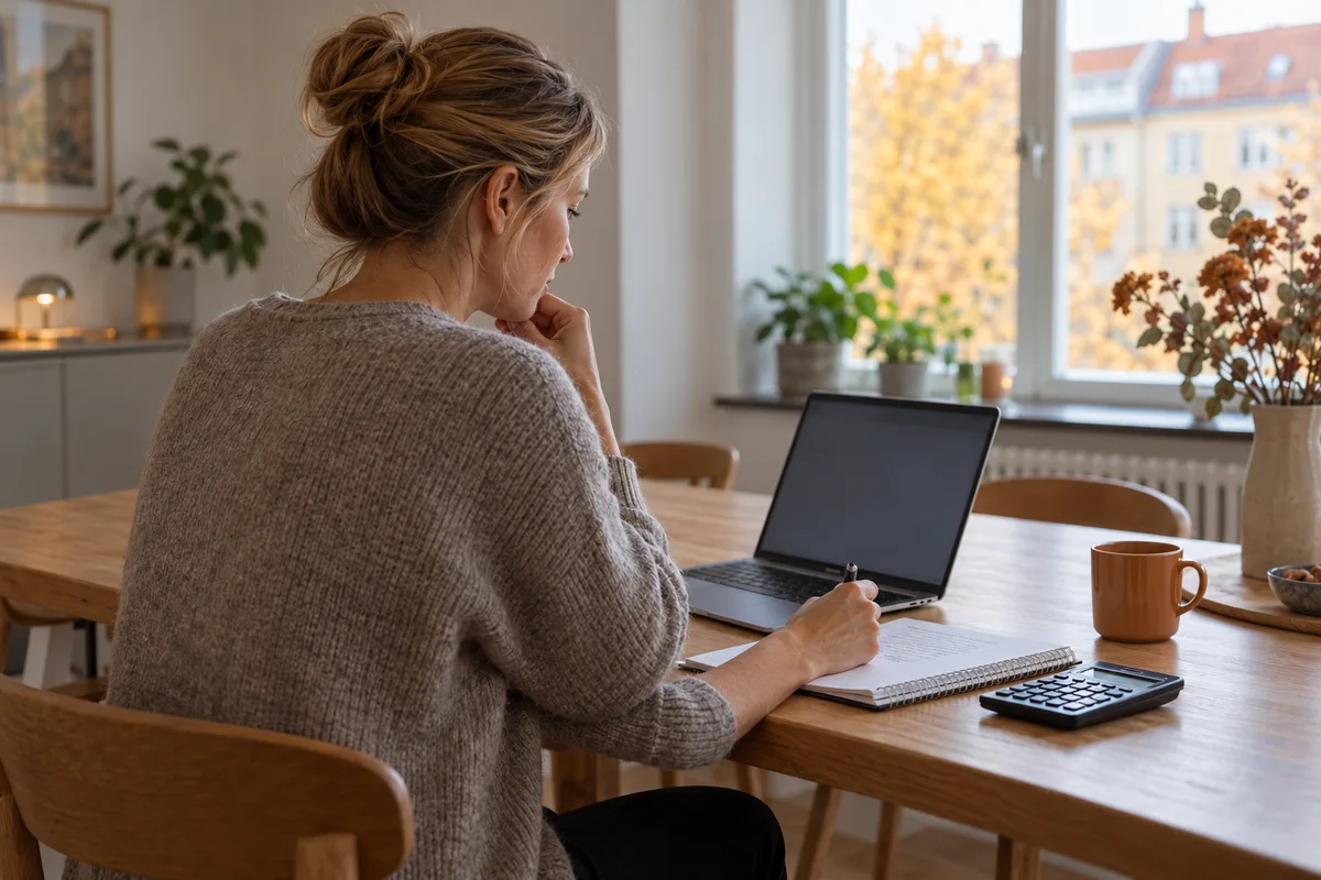Kvinde gennemgår sin økonomi ved et spisebord med bærbar computer og notesbog