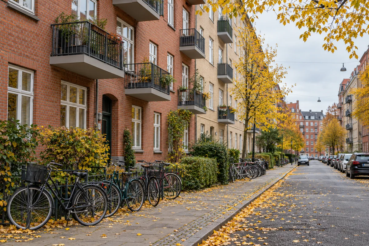Dansk gade med etageejendomme, altaner, cykler og efterårsløv