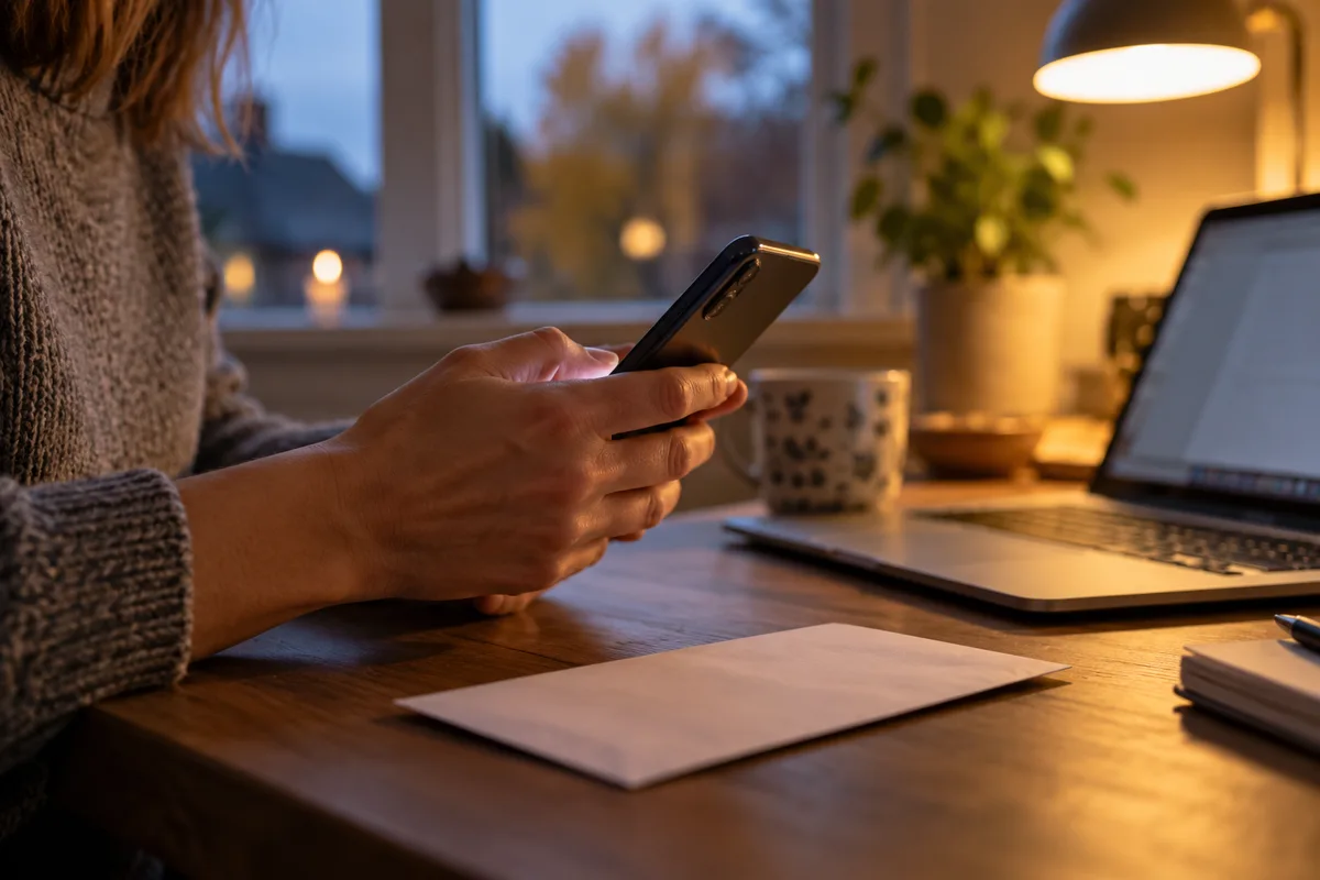Hænder holder en mobiltelefon over et skrivebord med en bærbar computer og en lukket kuvert