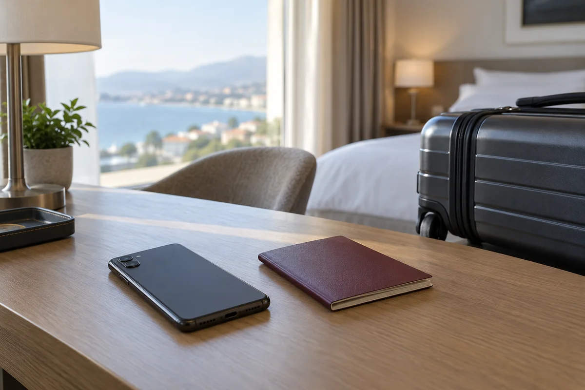 Mobiltelefon, lukket pas og rejsekuffert på et hotelværelse