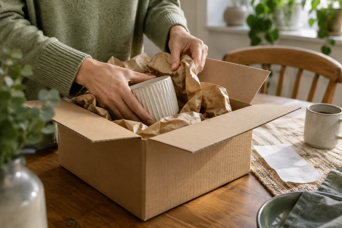 Et køb pakkes ned i en papkasse til returnering