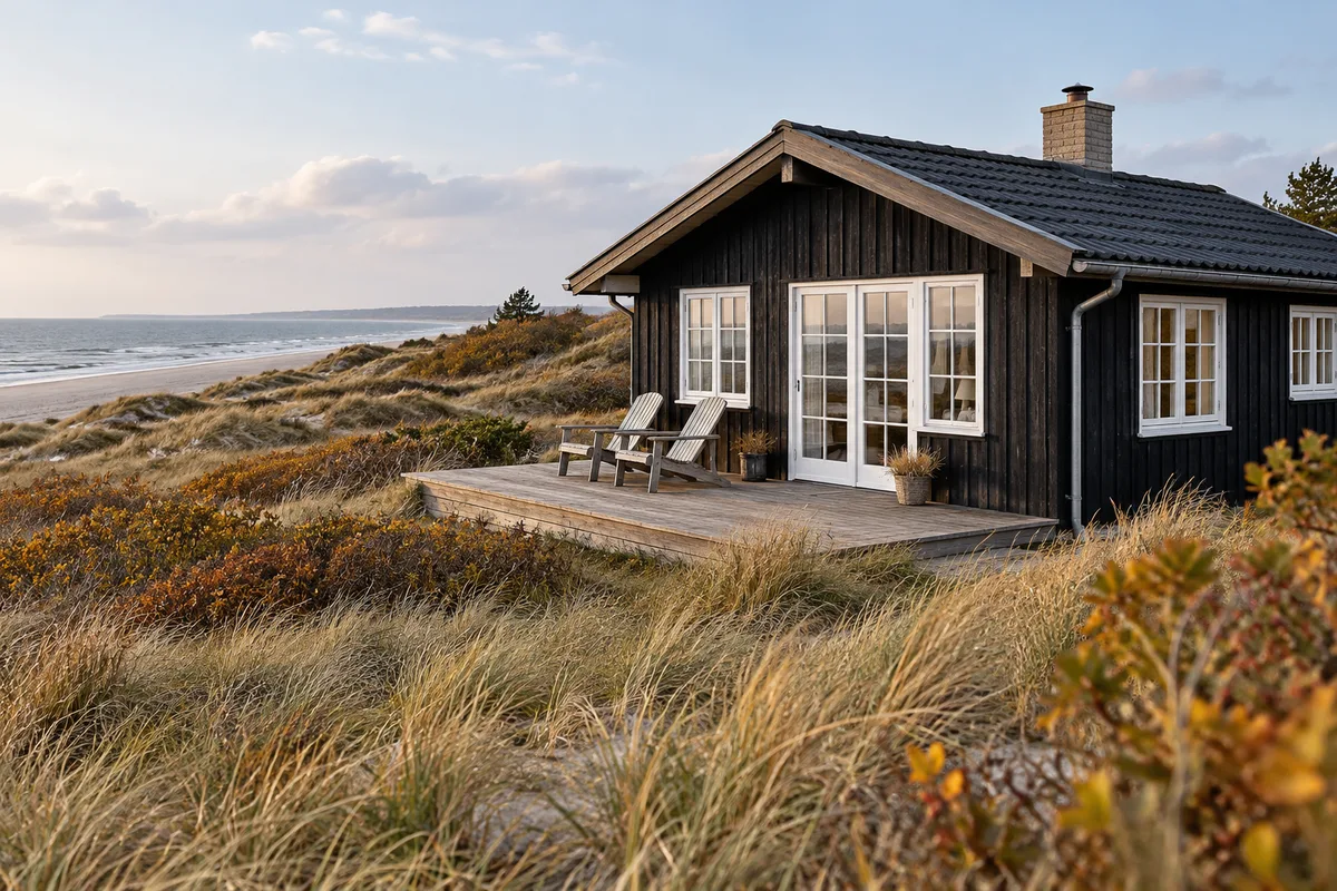 Mørkt træsommerhus med terrasse omgivet af klitgræs i efterårslys