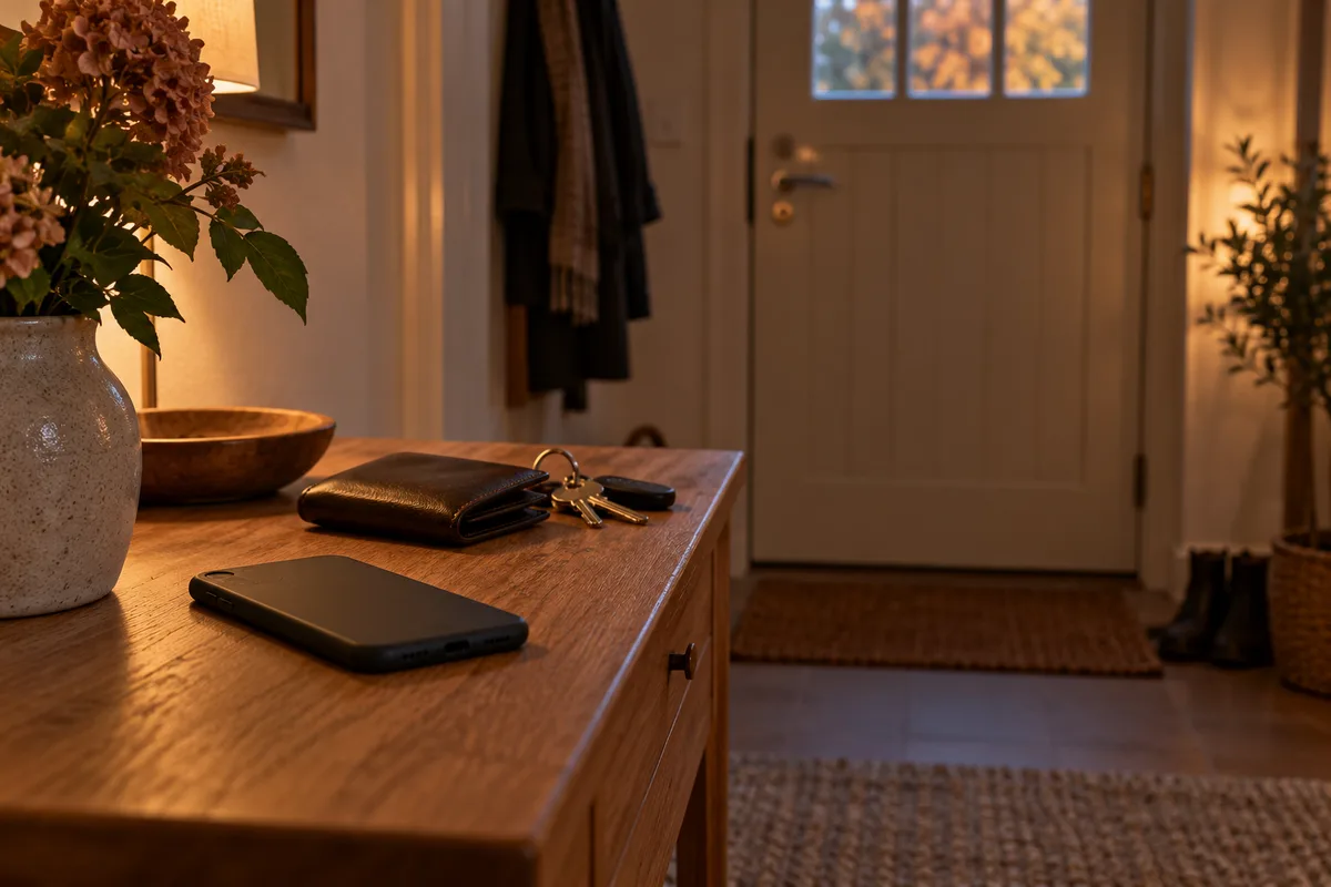 Mobiltelefon, lukket pung og nøgler på et bord i en entré