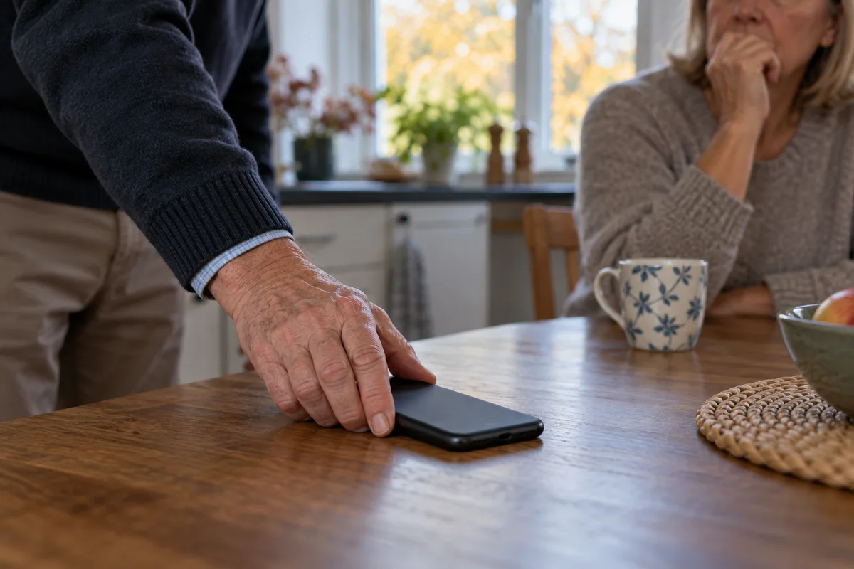 En ældre hånd lægger en mobiltelefon på et køkkenbord med en anden person i baggrunden